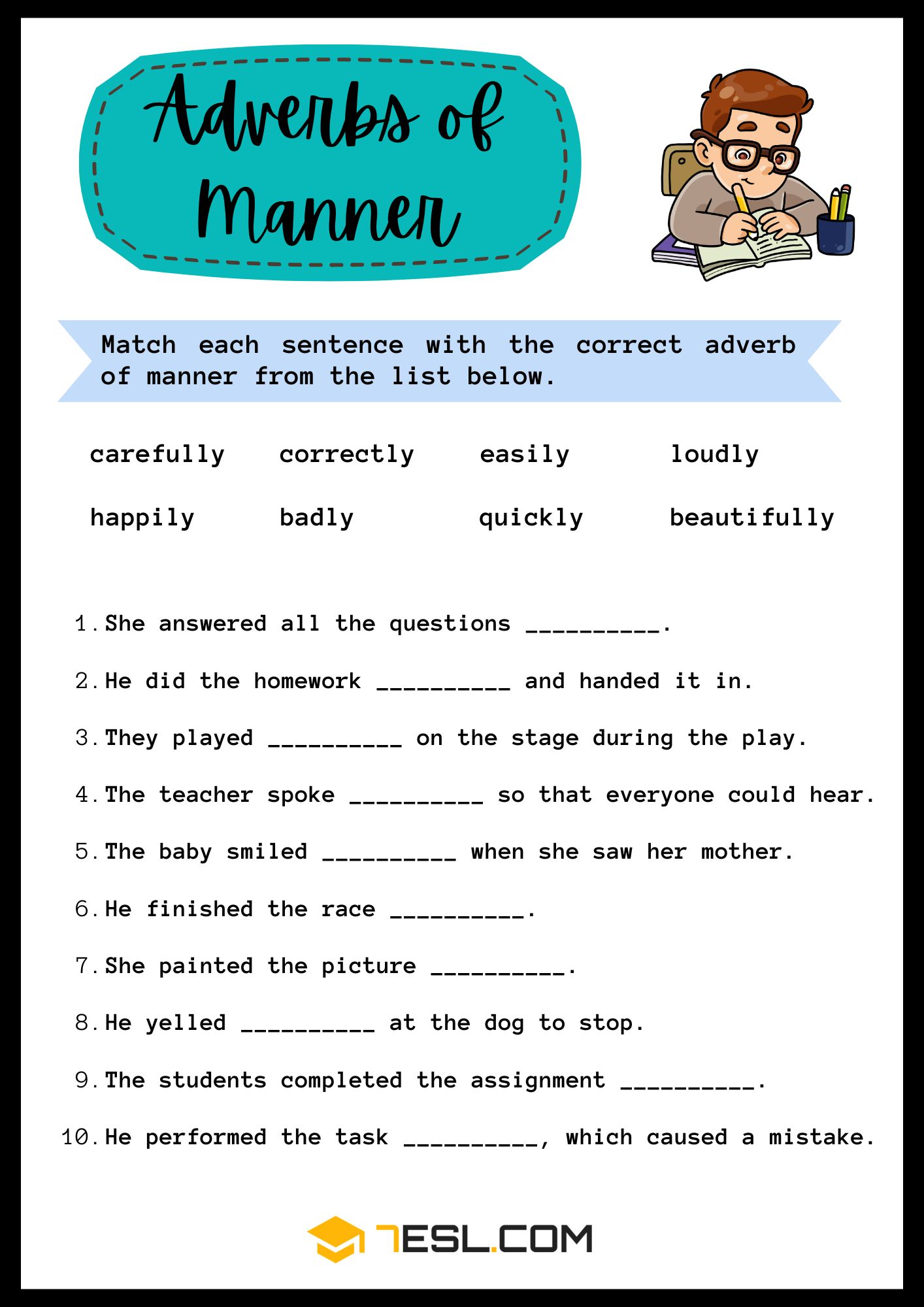 Adverbs of Manner Worksheets - matching