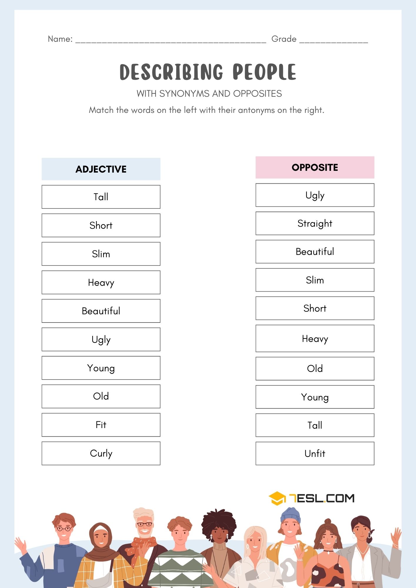 Describing People Adjectives Opposites Worksheet