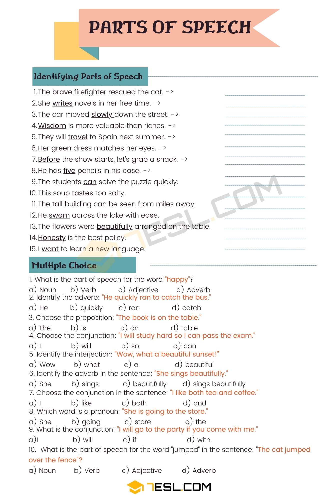 Parts of Speech Worksheets- Parts of Speech Exercises