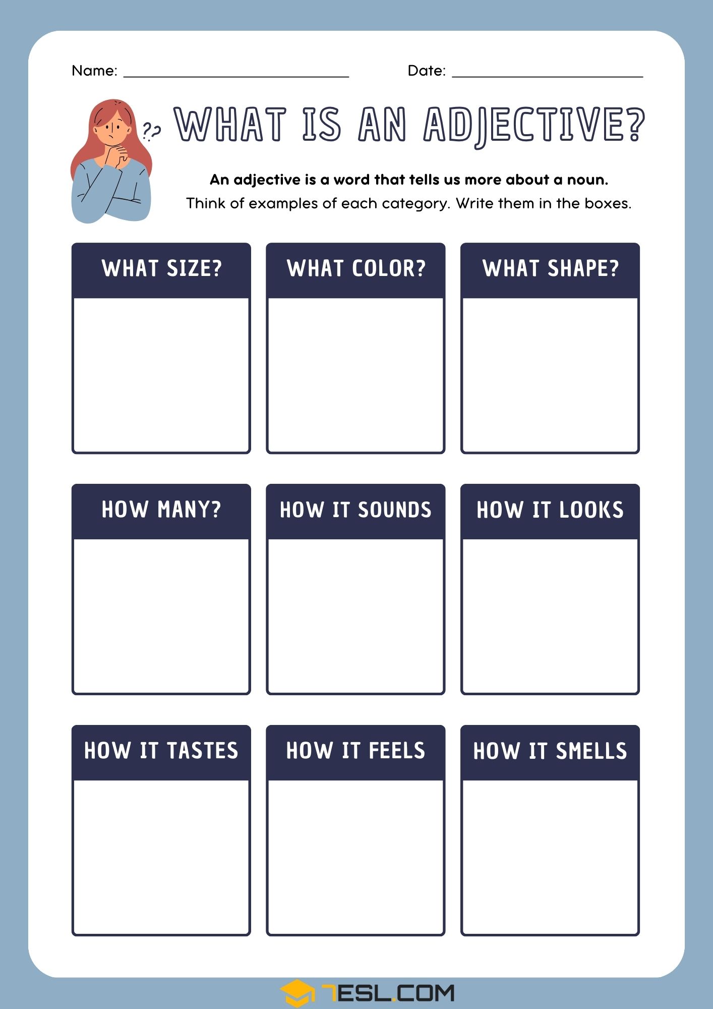 White Blue Adjectives Worksheet
