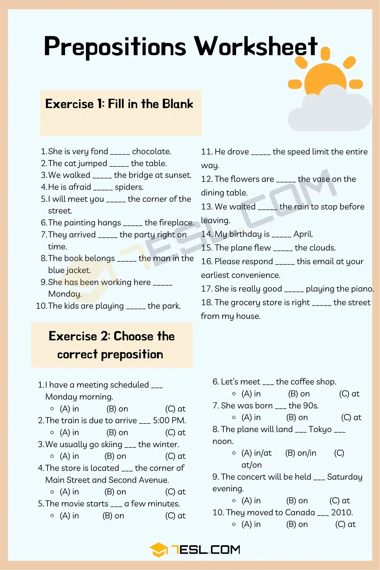 prepositions worksheet